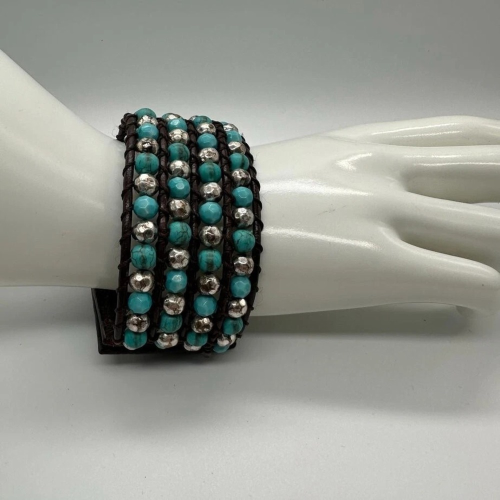 Fik Yung Boho Turquoise‎ Silver Tone Beaded Wrap Bracelet Brown Leather Snap
